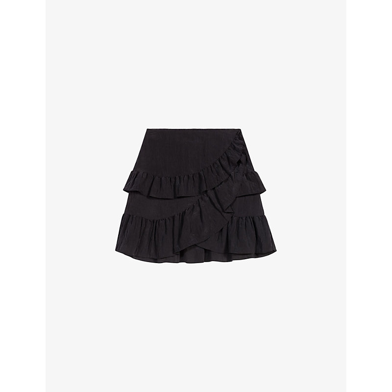 Maje Womens Noir / Gris Ruffle-trim Asymmetric Woven Mini Skirt