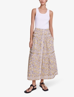 Shop Maje Women's Green/blue Floral-print Elasticated-waist Cotton Midi Skirt In Imprime