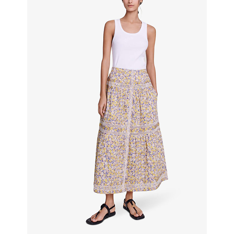 Shop Maje Womens Imprime Floral-print Elasticated-waist Cotton Midi Skirt