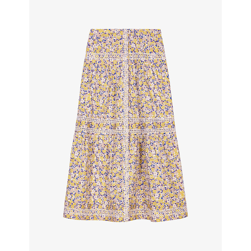 Shop Maje Womens Beige/green/blue Floral-print Elasticated-waist Cotton Midi Skirt In Imprime