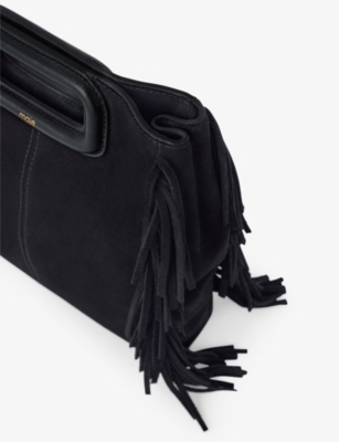 Shop Maje Women's Noir / Gris M Fringed-trim Suede Shoulder Bag