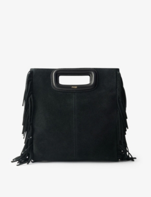 Maje Women's Noir / Gris M Fringed-trim Suede Shoulder Bag