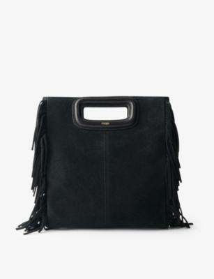 Maje Womens Noir / Gris M Fringed-trim Suede Shoulder Bag