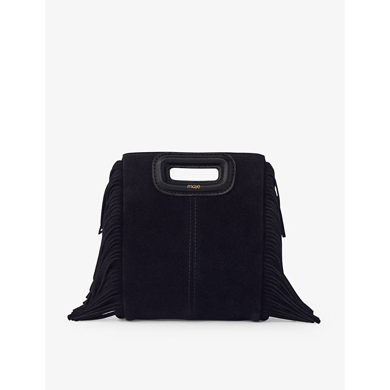 Maje Women's Noir / Gris M Logo-embossed Fringed-trim Suede Bag