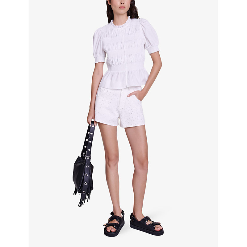 Shop Maje Womens Blanc Victorian-collar Smocked Cotton Shirt