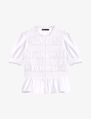 Shop Maje Womens Blanc Victorian-collar Smocked Cotton Shirt