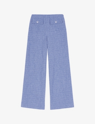Shop Maje Women's Bleus Mid-rise Wide-leg Tweed Stretch Cotton-blend Trousers