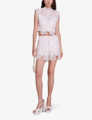 Shop Maje Womens Blanc Floral And Sequin-embellished Guipure Shorts