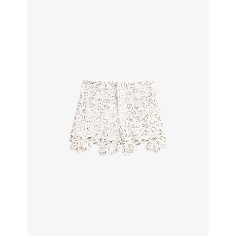 Maje Womens Blanc Floral And Sequin-embellished Guipure Shorts
