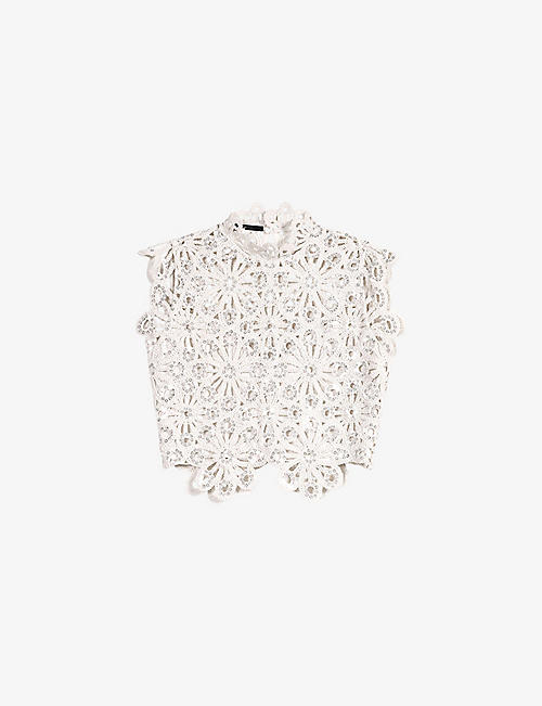 MAJE: Floral sequin-embroidered crochet-cotton top