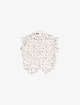 Maje Womens Blanc Floral Sequin-embroidered Crochet-cotton Top