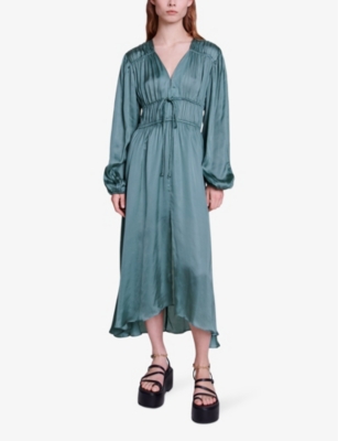 Shop Maje Women's Bruns Asymmetric-hem V-neck Satin Midi Dress