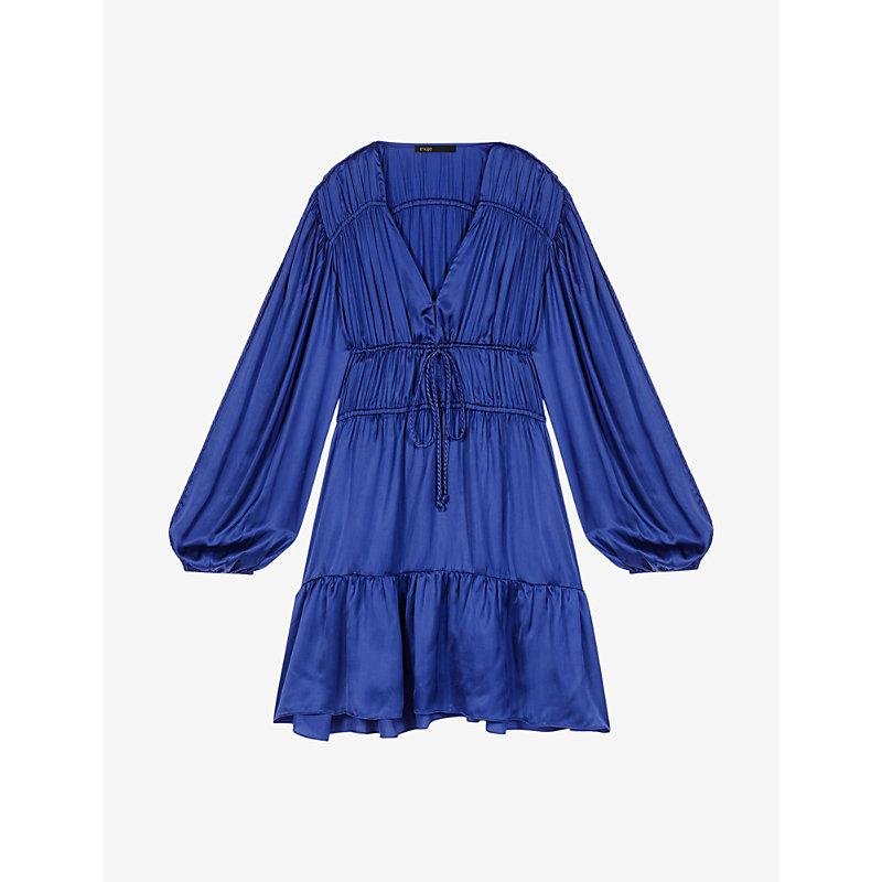 Maje Womens Bleus Pleated V-neck Satin Mini Dress