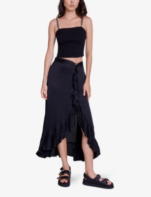 Shop Maje Womens Noir / Gris Ruffled Asymmetric Satin Maxi Skirt