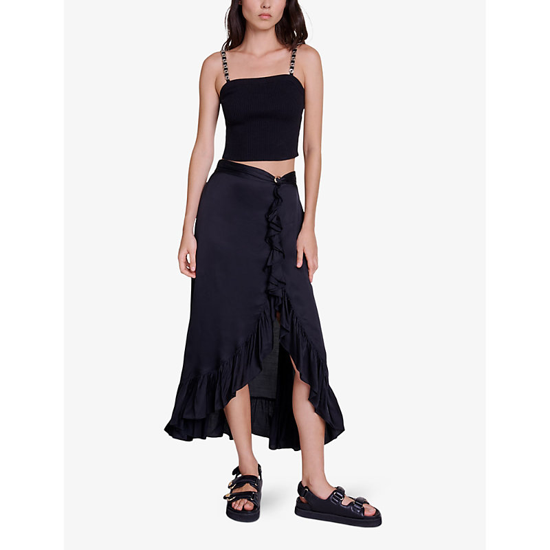 Shop Maje Women's Noir / Gris Ruffled Asymmetric Satin Maxi Skirt