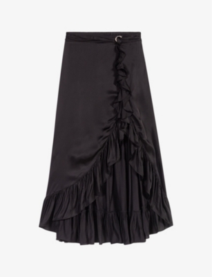 MAJE: Ruffled asymmetric satin maxi skirt