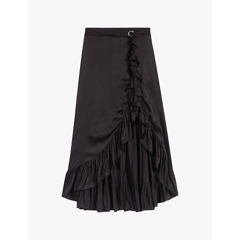 Shop Maje Womens Noir / Gris Ruffled Asymmetric Satin Maxi Skirt