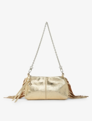 Shop Maje Women's Or Miss M Fringed-trim Metallic Leather Clutch