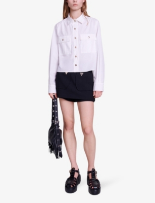 Shop Maje Womens Blanc Patch-pocket Cropped Stretch-cotton Shirt
