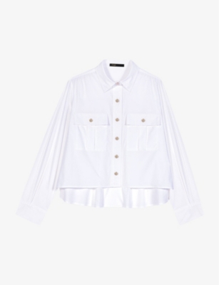 Shop Maje Women's Blanc Patch-pocket Cropped Stretch-cotton Shirt