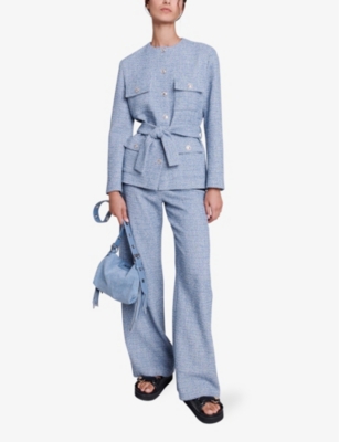 Shop Maje Women's Bleus Round-neck Tie-waist Stretch-tweed Jacket