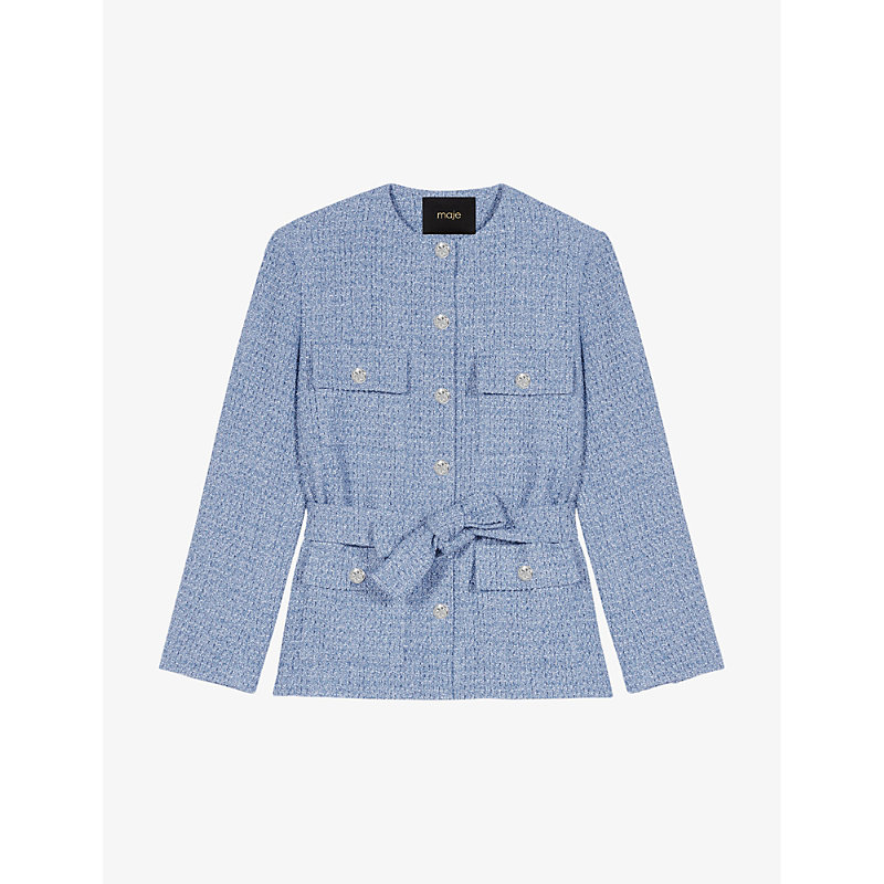 Shop Maje Womens Bleus Round-neck Tie-waist Stretch-tweed Jacket