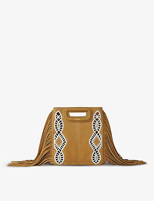 MAJE: Embroidered fringe-embellished suede shoulder bag