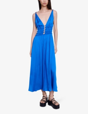 Shop Maje Women's Bleus Cutaway-side V-neck Woven Midi Dress