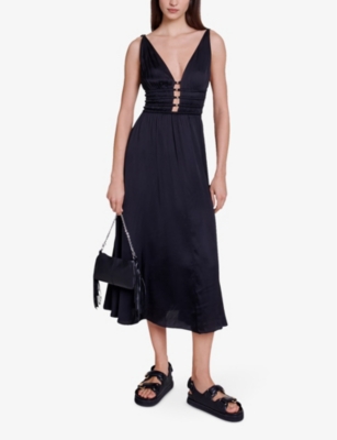 Shop Maje Women's Noir / Gris Cutaway-side V-neck Woven Midi Dress