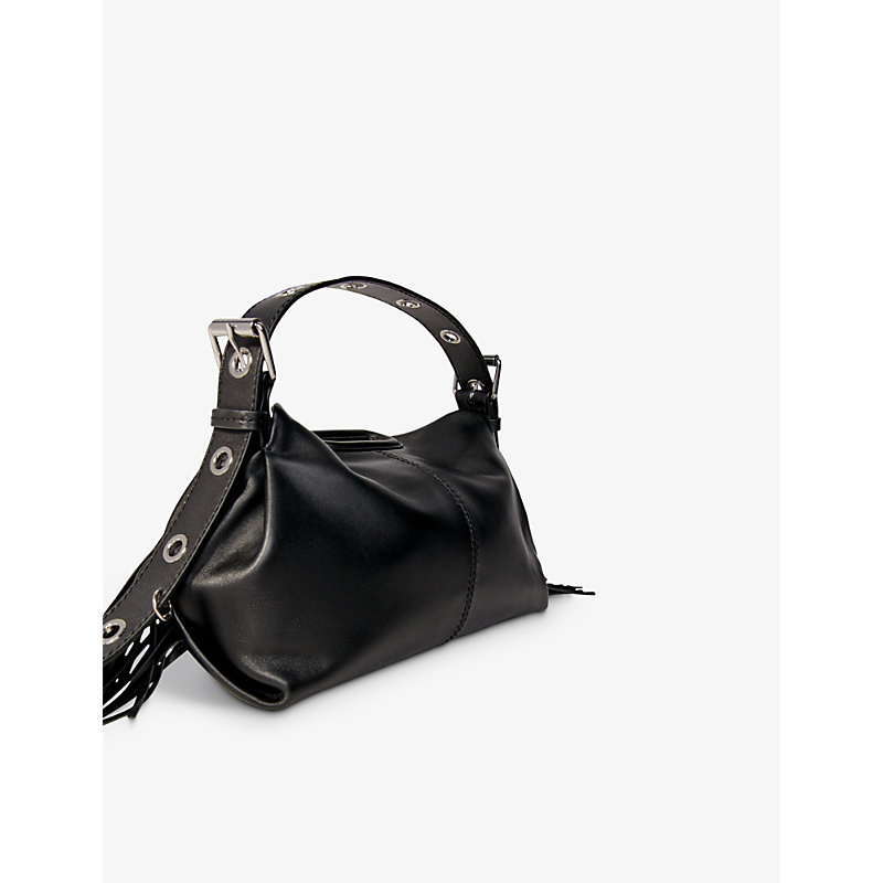 Shop Maje Women's Noir / Gris Miss M Logo-embossed Fringed-trim Leather Shoulder Bag
