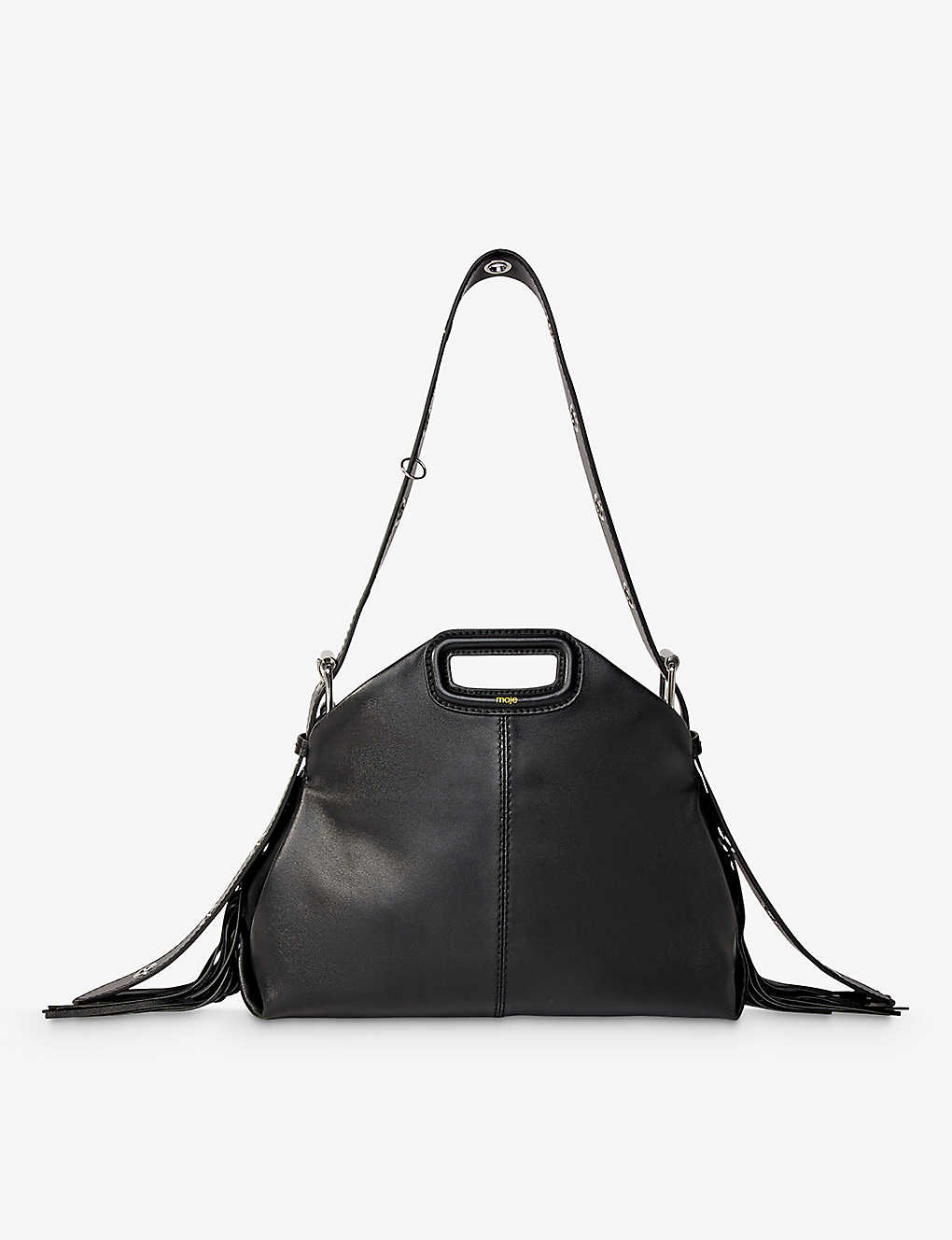 Shop Maje Women's Noir / Gris Miss M Logo-embossed Fringed-trim Leather Shoulder Bag