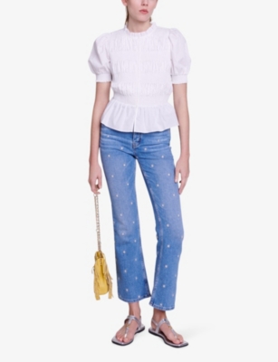 Shop Maje Women's Bleus Embroidered Sun Flared-leg High-rise Stretch-denim Jeans
