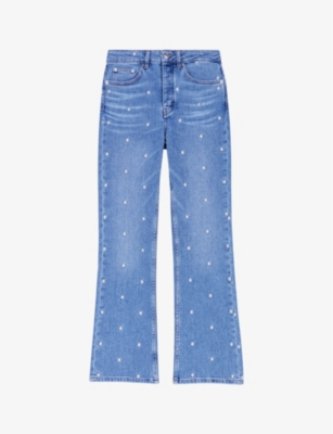 MAJE: Embroidered sun flared-leg high-rise stretch-denim jeans