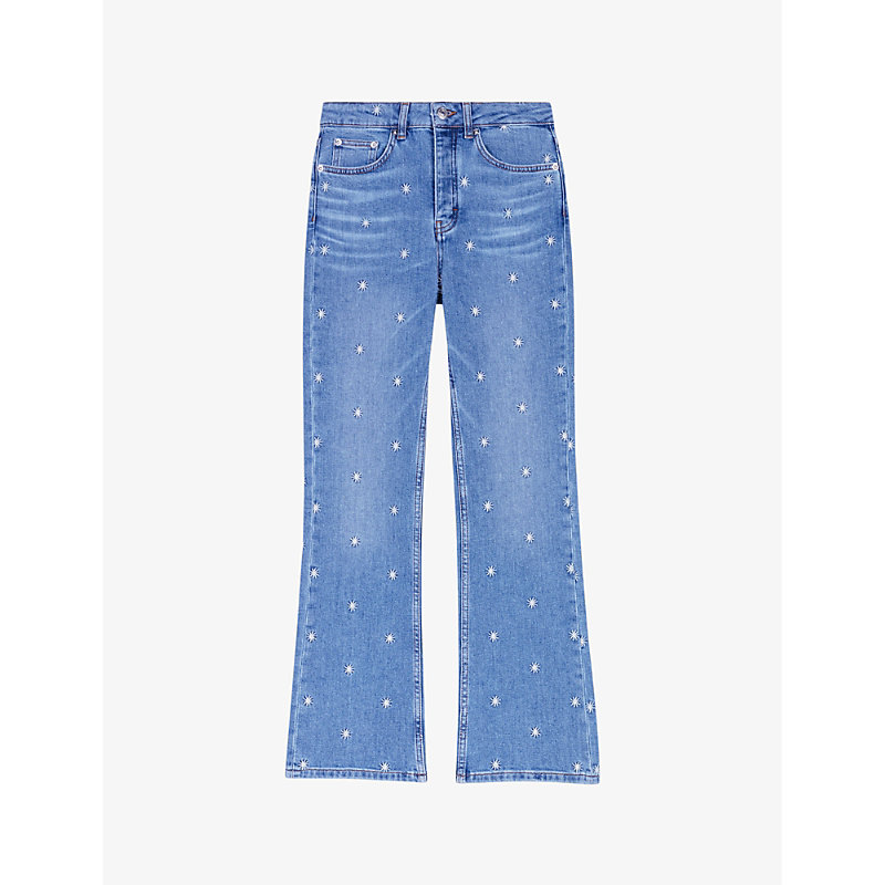 Shop Maje Women's Bleus Embroidered Sun Flared-leg High-rise Stretch-denim Jeans