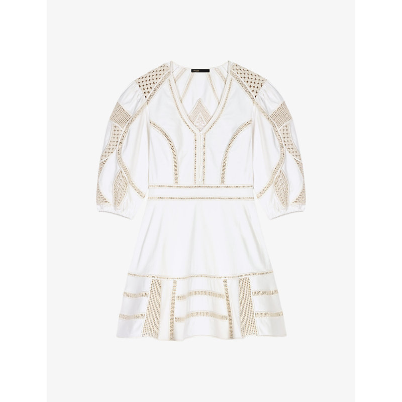 Maje Womens Blanc Crochet-embroidered Flared-skirt Cotton Mini Dress