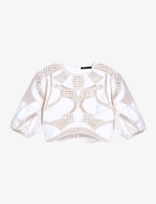 Shop Maje Womens Blanc Crochet-panel Cropped Cotton Top