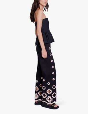 Shop Maje Women's Noir / Gris Clover-cutout Wide-leg High-rise Stretch-crochet Trousers