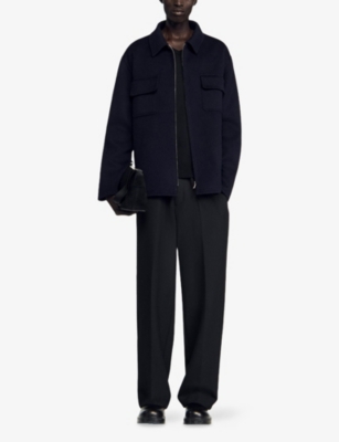 Sandro Mens Navy Blue Chest-pocket Zip-fastened Wool-blend Jacket Xl In Black