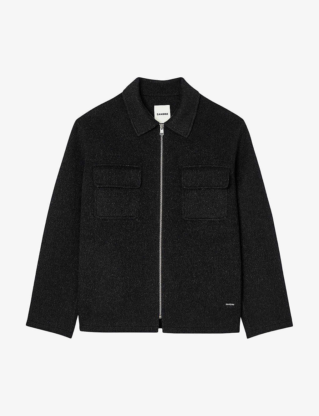 Sandro Mens Black Flap-pocket Zipped Wool-blend Overshirt