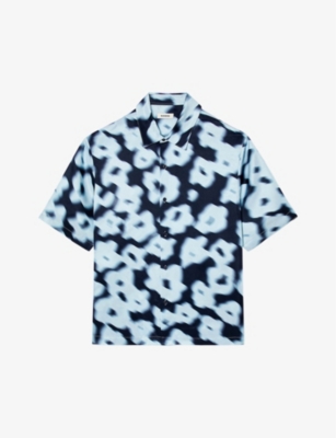 Shop Sandro Mens Bleus Floral-print Oversized Woven Shirt