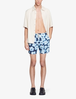 Shop Sandro Men's Bleus Floral-print Elasticated-waist Woven Swim Shorts