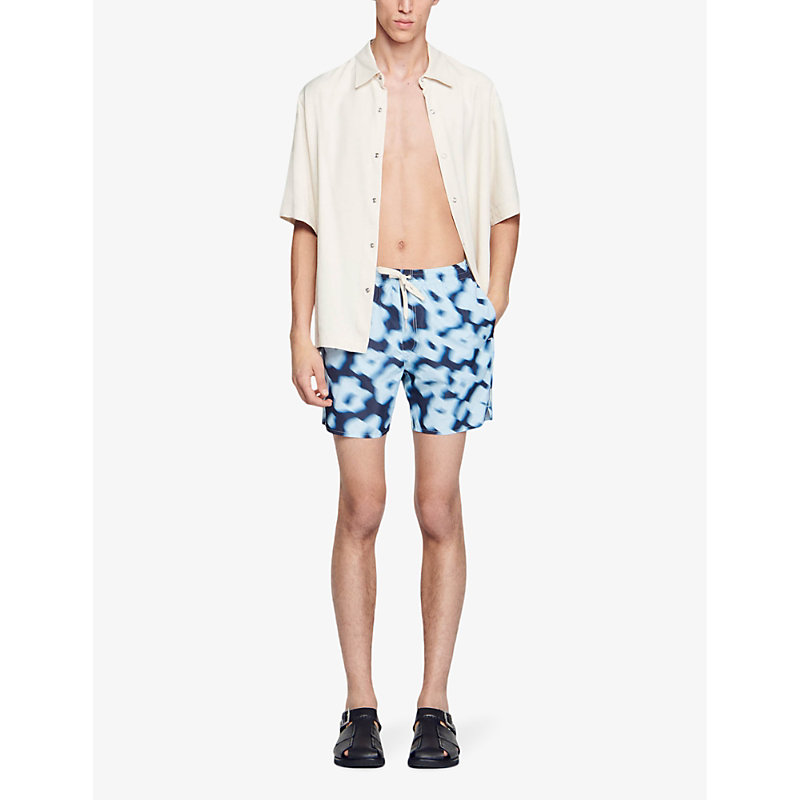 Shop Sandro Men's Bleus Floral-print Elasticated-waist Woven Swim Shorts