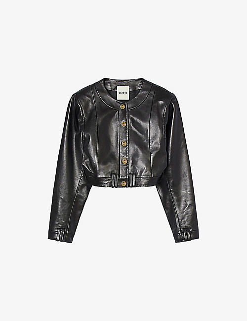 SANDRO: Cropped-fit round-neck leather jacket