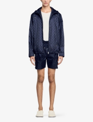 Sandro Mens Bleus Graphic-print Hooded Nylon Jacket In Bleus