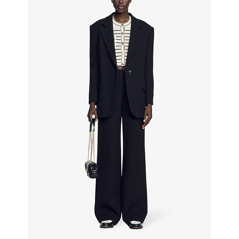 Shop Sandro Women's Noir / Gris Notched-lapel Padded-shoulder Oversized-fit Woven Blazer In Black