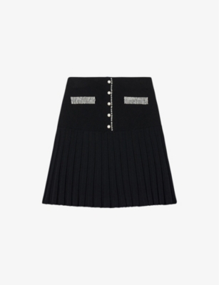 Sandro Womens Black Bead-embellished Pleated Stretch-knit Mini Skirt In Noir / Gris