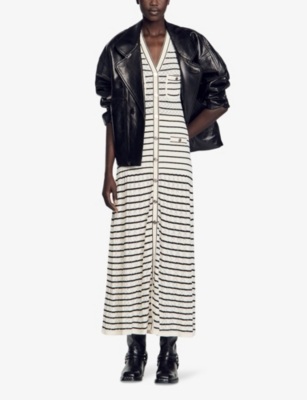 Shop Sandro Womens Noir / Gris Stripe-pattern Sleeveless Woven Maxi Dress