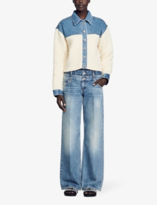 Shop Sandro Womens Naturels Split-design Cropped Denim And Stretch-woven Jacket In White