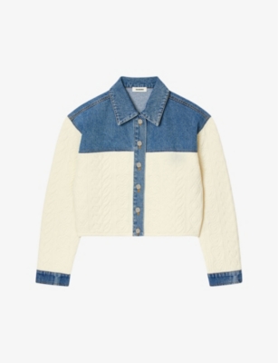 Shop Sandro Womens Naturels Split-design Cropped Denim And Stretch-woven Jacket In White