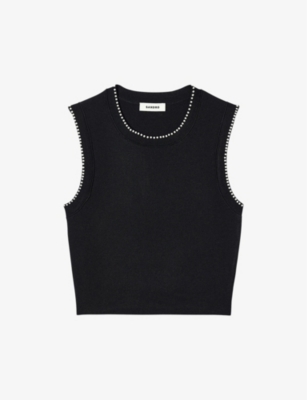 Sandro Womens Black Faux Pearl-embellished Sleeveless Stretch-woven Jumper